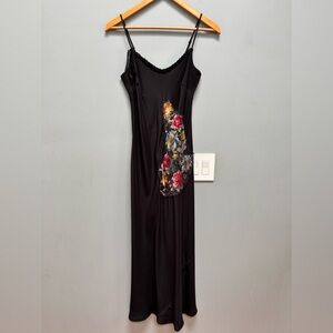4 Love and Liberty Johnny Was Silk Midi Slip Dress Black with Rose Appliqué XS